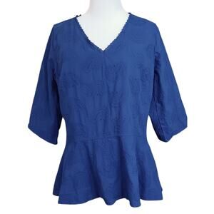 ISAAC MIZRAHI LIVE! Cotton Eyelet Blouse Top S Royal Blue Peplum V-Neck Vacation